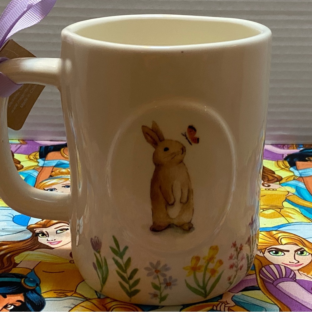 Rae Dunn White Ceramic Mug with Green and Yellow Floral Accents